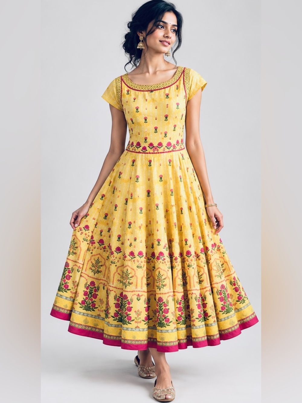 BIBA Yellow Embroidered Sequin Floral Anarkali Indian Dress 32 Small